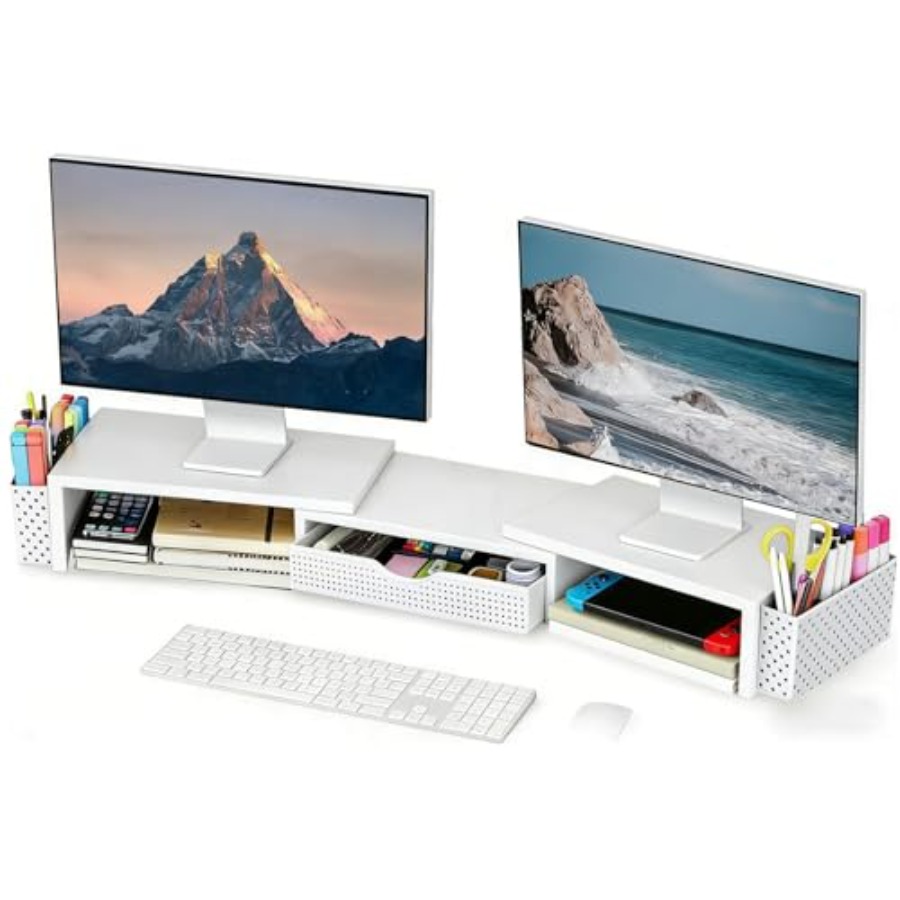 Dual Monitor Stand - Metall-Schreibtischorganizer und Zubehör, Doppelmonitorständer mit Schublade